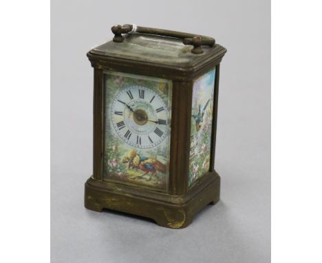 A French brass and enamel miniature carriage timepiece height 8cm
