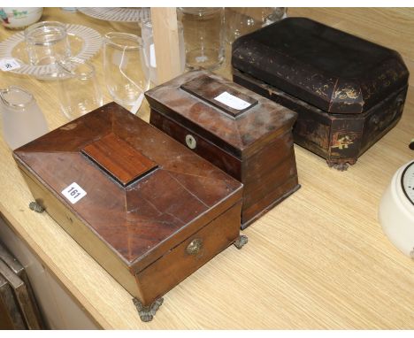 Two Sarcophagus tea caddies and a chinoiserie tea caddy longest 29.5cm