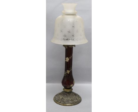 A Victorian enamelled glass oil lamp base and shade height 63.5cm