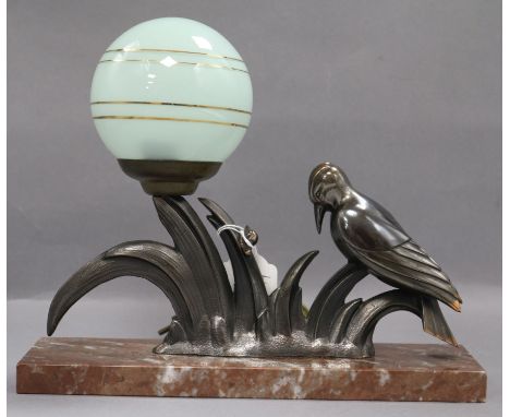 An Art Deco bird lamp on marble base length 28cm