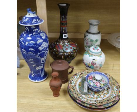 A quantity of Chinese and Japanese porcelain and pottery tallest 36cm