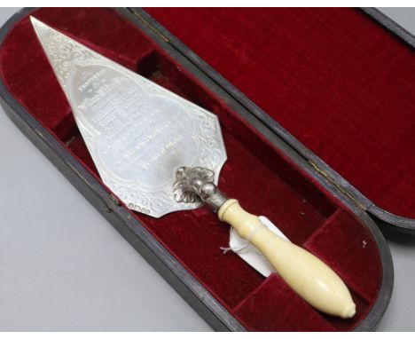 A cased Victorian ivory handled silver trowel, James Dixon & Son, Sheffield, 1861, 35.8cm.