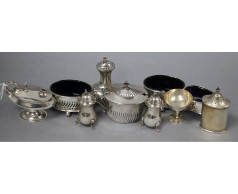 Eight assorted silver condiments, a silver lamp lighter and silver small cup.