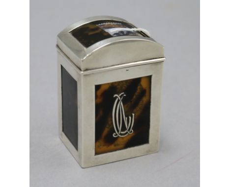 An Edwardian silver and tortoiseshell playing card box, containing two original packs, Grey & Co, London, 1903, 82mm.