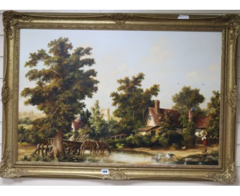 K. Douglas, oil on canvas, haycart crossing a brook, signed, 60 x 91cm