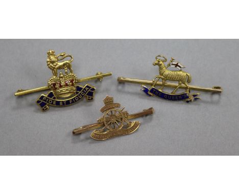 Three assorted 9ct gold military sweethearts bar brooches including two with enamel, gross 14 grams.