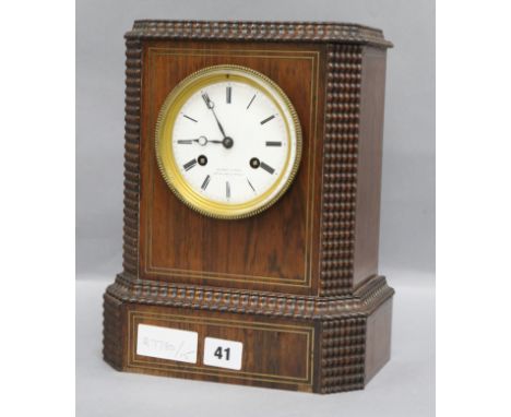 A Le Roy et Fils silk suspension rosewood and brass inlaid mantel clock height 28cm