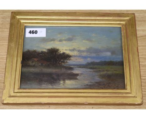 A. Heath, oil on panel, punt in a landscape at sunset, signed, 17 x 25in.