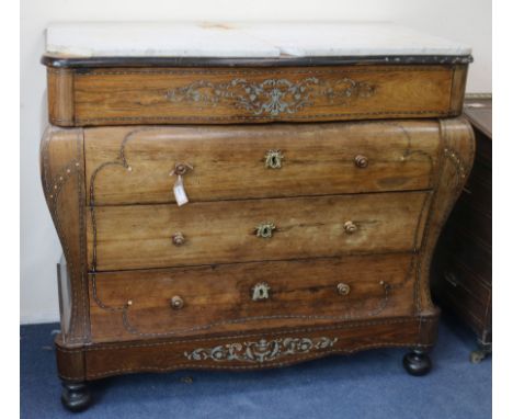 A Spanish rosewood bombe commode, circa 1850, inlaid with cut metal motifs, with marble top over a serpentine drawer and thre