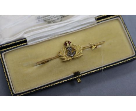 A 9ct gold and enamel naval sweethearts bar brooch, 50mm.