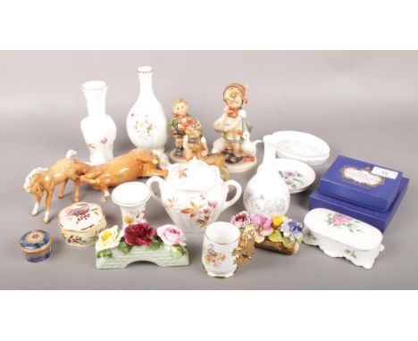 A group lot of ceramics to include Beswick horses, Goebel figures by M.J Hummel, Royal Crown Derby, Wedgwood etc.  