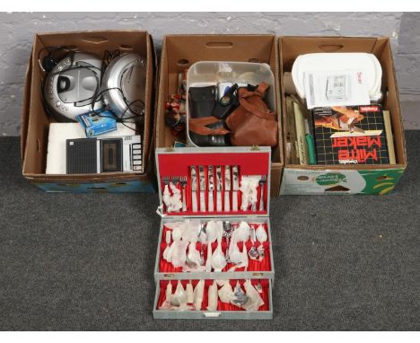 Three boxes of miscellaneous, Swan Retro terasmade, Ferguson cassette recorder, Alba Portable cd stereo etcto include Smith S