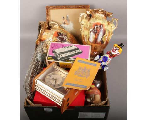 A box of miscellaneous, ceramic vases, Stylophone pocket electronic organ, Leeds United A.F.C. 1956-57 official programme etc