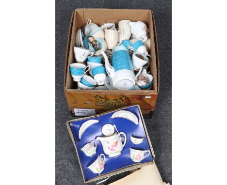 A box of miscellaneous, to include James Kent Fairyland child's teaset, Branksome and Royal Imperial six part teasets, Goebel