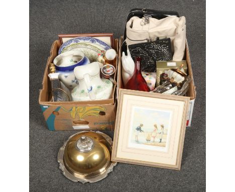 Two boxes of miscellaneous, to include Wedgwood table lamp, silver plated cloche, signed limited edition print etc.  