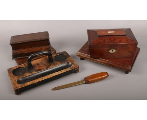 A collection of wooden items, to include Victorian tea caddy of oesophagus form, with mother of pearl inlay, desk stands etc.
