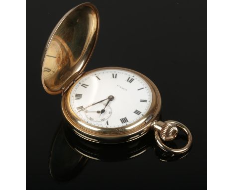 A rolled gold Cyma full hunter pocket watch with subsidiary dial and roman numeral markers.  