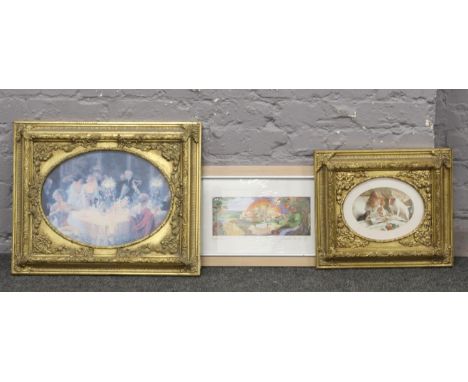 Two ornate gilt frame pictures to include girl, cat and dog example, along with a Bracha Lavee religious print.  