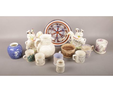 A group lot of mainly c19th English pottery to include print ware, commemorative etc.  