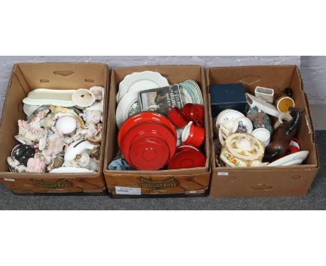 Three boxes of mainly ceramic wares, Royal Worcester, Mason's, Wedgwood, Royal Doulton examples  