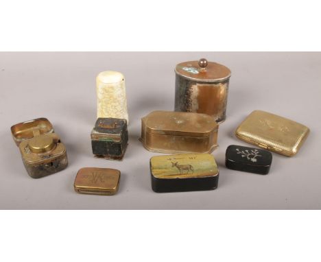 A group lot of collectables to include silver plate tea caddy, pill boxes, inkwells cigarette holder etc.  