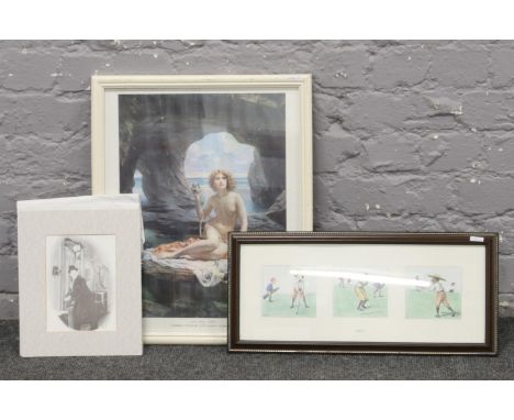 A Pears print titled at Low Tide along with a Laurel and Hardy print and a humorous golf print example.  