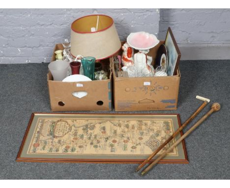 Two boxes of miscellaneous to include mantel dogs, Price's soap print, framed map, walking sticks, glassware etc.  