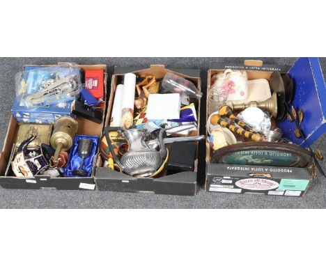 Three boxes of misc, Brimet coffee pot, ceramic teapot, cheese dish, assorted glassware, etc  