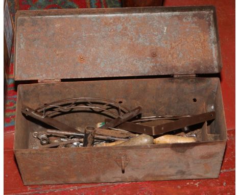 A small tool box and contents of hand tools, mainly spanners.  