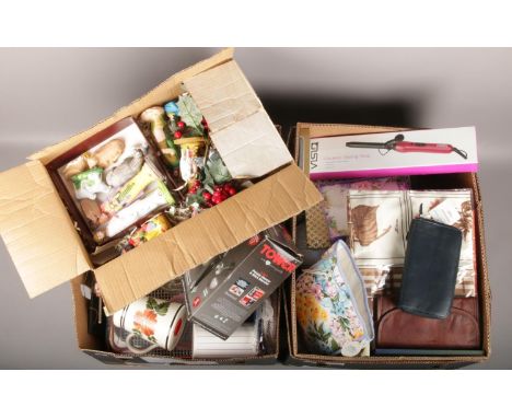 Two boxes of miscellaneous, Tower 2 in 1 Potato masher boxed, Visiq ceramic styling tong, ladies purse's handkerchiefs, kitch