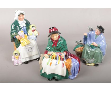 Three Royal Doulton ceramic figurines to include The rag doll seller example etc.  