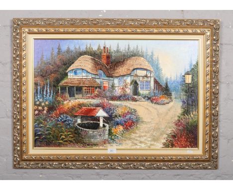Dallas K Taylor, A gilt frame oil on canvas, landscape scene with a cottage. Signed in pencil to back of picture. (49cm x 74c