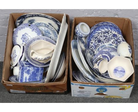 Two boxes of blue/white ceramic wares, Royal Doulton, Ringtons, Pinder Bourne &amp; Hope examples  