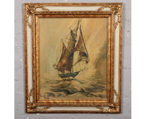 A Ben Maile ornate gilt framed print, ship at sea scene titled 'The Ketch'.  