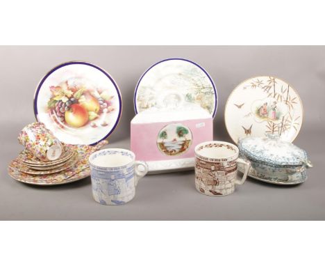 A collection of ceramics, to include Crown Devon, large dish and cover, James Kent china etc.  Chip to spoon. Cup handle dama