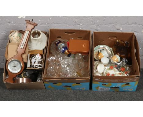 Three boxes of miscellaneous, ceramic tea sets, glasswares, bedside lamps, quartz alarm clocks etc  