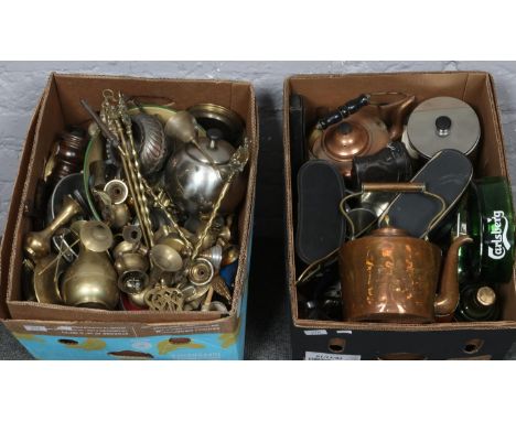 Two boxes of miscellaneous mainly brassware's Copper teapot, brass jug, vases,  fire tools etc  