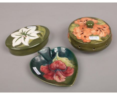 Three pieces of Moorcroft in the Hibiscus design to include potpourri pot, trinket box and a dish.  