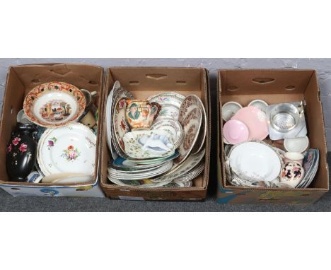 Three boxes of miscellaneous mainly ceramics, Mason's, Shelley, Coalport, Royal Crown Derby, Royal Doulton examples  