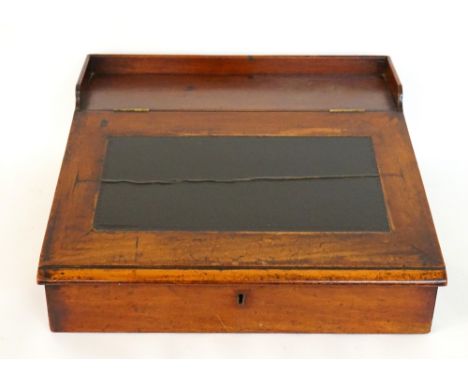 MAHOGANY AND PINE CLERK'S DESK
early 20th century, with leather skiver, the hinged lid opening to reveal pigeon holes, 47.5cm