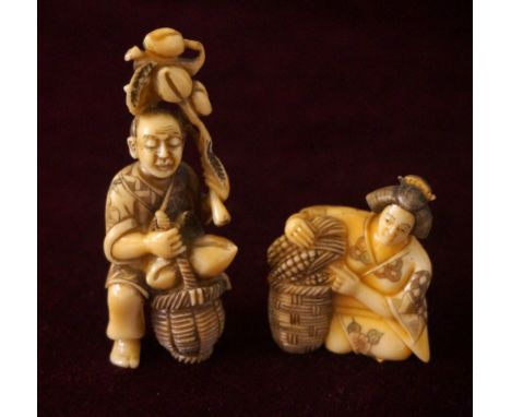 JAPANESE CARVED IVORY NETSUKE
of a geisha with a basket of corn, 4.5cm high; and an ivory netsuke of a man with a basket of v