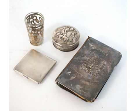 COLLECTION OF SILVER ITEMS
comprising an Edward VII silver covered sewing case, the silver cover with embossed carriage in la
