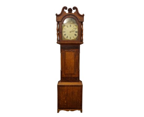 OAK AND MAHOGANY 30 HOUR LONG CASE CLOCK
with a swan neck pediment above an arched hood with turned pillars, the painted dial