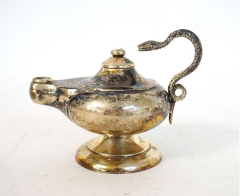 EDWARD VII SILVER TABLE LIGHTER
modelled as an Aladdin's lamp with shaped snake handle and raised on circular base, Deakin & 