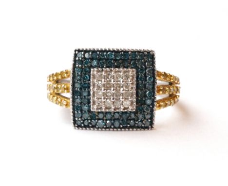 BLUE, WHITE AND YELLOW DIAMOND CLUSTER RING
on nine carat gold shank, ring size R