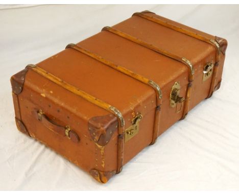 1920's BENTWOOD BOUND HARD CANVAS TRAVEL TRUNK
with drop-in shelf, leather corners and carrying handles, 92cm wide