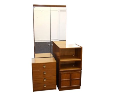 1980's DOUBLE MIRROR DOOR TEAK WARDROBE
with an interior shelf and hanging rail, on castors, 193.5cm high x 77.5cm wide, a Na