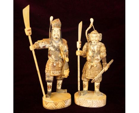 TWO BONE SAMURAI FIGURES
one depicting a warrior holding a Naginata, Katana and his bow and arrow, on a circular plinth, 25.4