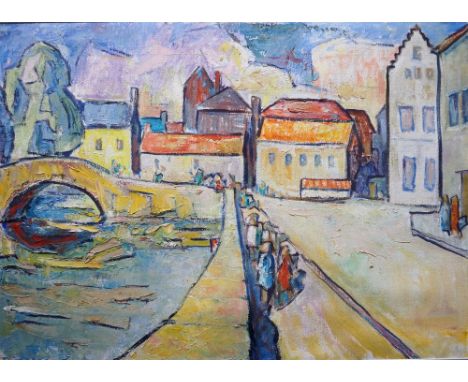 DR M R DROOP D.Sc., F.R.S.E.
'Huidenvettersplein, Bruges', oil on board, signed, 62.5cm x 88cm