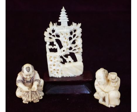 CARVED IVORY NETSUKE
of a young man with a bound turtle, 4cm high; an ivory Okimno of a seated man with his cup raised, 4cm h